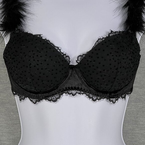 Victorias Secret NWT Demi Bra 32D Black Faux Fur & Solid Straps Sexy Coquette - Picture 5 of 14